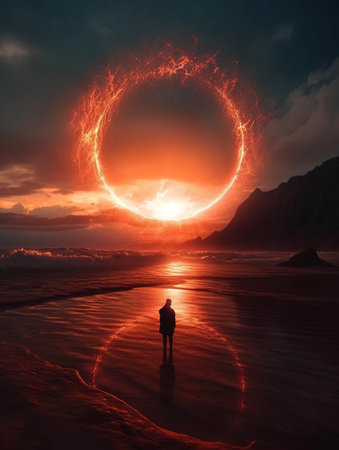A man standing on a beach in front of a giant sun at sunset with a halo and mountains in the background. AI generated, AI generative, AI generativ.の素材