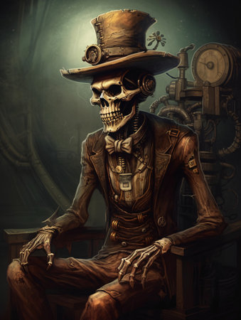 Drawing of a skeleton in a top hat and suit on a yellow background with black trim. AI generated, AI generative, AI generativ.の素材
