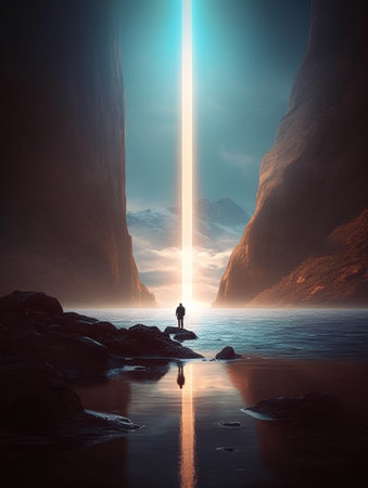 A man standing in the middle of a pond in front of rocks and a light beam between them. AI generated, AI generative, AI generativ.の素材