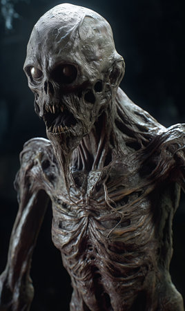 Close-up of a human monster with a spooky face. AI generated, AI generative, AI generativ.の素材