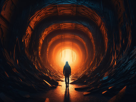 A man walking through a tunnel in the dark and there is light at the end of the tunnel. AI generated, AI generative, AI generativ.の素材
