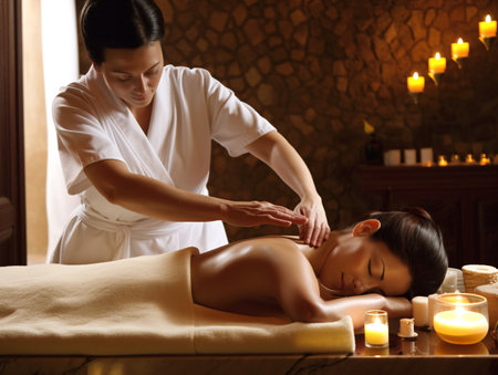 A woman receives a massage in a spa salon in a cozy atmosphere and soft lighting. AI generated, AI generative, AI generativ.の素材