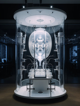 Medical rack with scientific medical equipment behind glass in a dark room. AI generated, AI generative, AI generativ.の素材