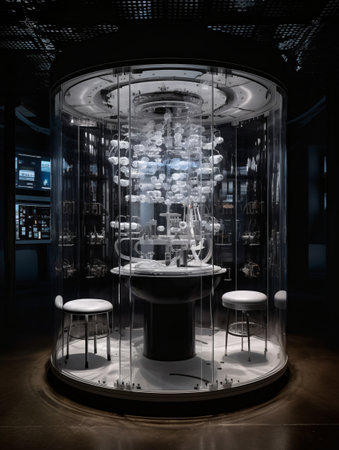 Medical rack with scientific medical equipment behind glass in a dark room. AI generated, AI generative, AI generativ.の素材