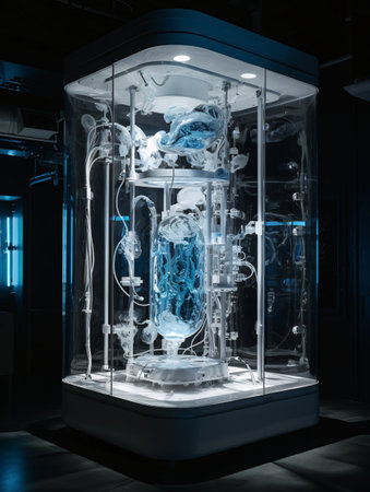 Medical rack with scientific medical equipment behind glass in a dark room. AI generated, AI generative, AI generativ.の素材