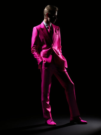 A man in a pink suit poses for a photo in a dark atmosphere with a black background. AI generated, AI generative, AI generativ.の素材