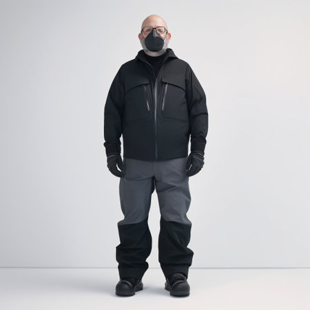 A man in black winter work clothes in a jacket and gray pants on a white background. AI generated, AI generative, AI generativ.の素材
