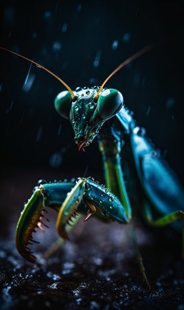 Close-up of a green praying mantis on a wet surface. AI generated, AI generative, AI generativ.の素材
