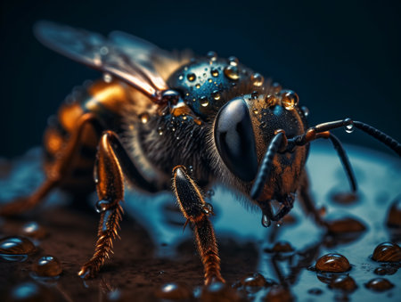 Close-up of a bee in water droplets on a wet surface dramatic shot. AI generated, AI generative, AI generativ.の素材