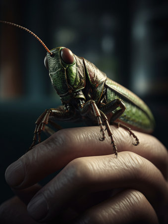 A close-up of a grasshopper on a human finger in cinematographic lighting. AI generated, AI generative, AI generativ.の素材
