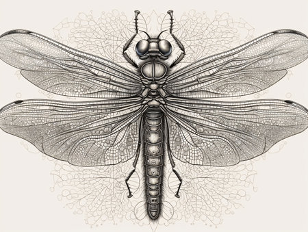Drawn dragonfly drawn in graphic style top view. AI generated, AI generative, AI generativ.の素材