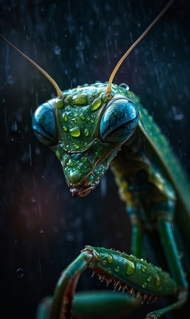 Close-up of a green praying mantis on a wet surface. AI generated, AI generative, AI generativ.の素材