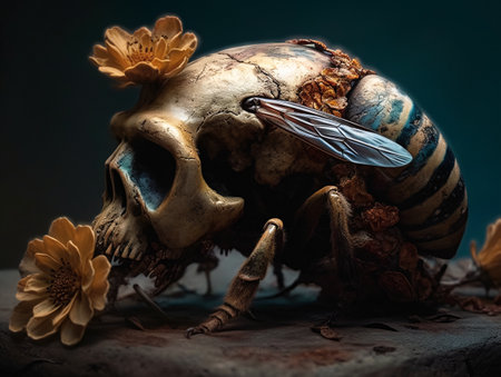 Skull with a bee sitting on it with wings digital art. AI generated, AI generative, AI generativ.の素材