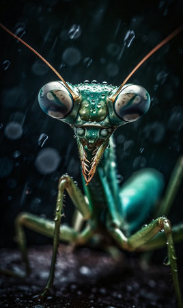 Close-up of a green praying mantis on a wet surface. AI generated, AI generative, AI generativ.の素材