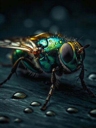 Close-up of a green fat fly on a wet surface in dramatic lighting. AI generated, AI generative, AI generativ.の素材