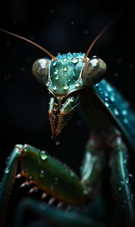 Close-up of a green praying mantis on a wet surface. AI generated, AI generative, AI generativ.の素材