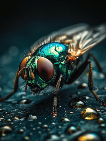 Close-up of a green fat fly on a wet surface in dramatic lighting. AI generated, AI generative, AI generativ.の素材