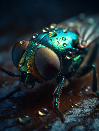 Close-up of a green fat fly on a wet surface in dramatic lighting. AI generated, AI generative, AI generativ.の素材