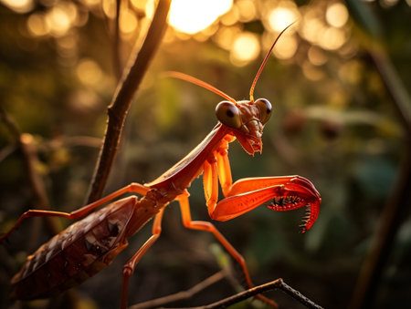 Red praying mantis with spiky scales sitting on a branch against the backdrop of sunset. AI generated, AI generative, AI generativ.の素材