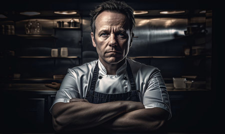 A male chef stands in the kitchen in the center with arms crossed in studio lighting. AI generated, AI generative, AI generativ.の素材