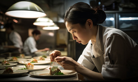 A woman cook prepares food in the kitchen of a restaurant. AI generated, AI generative, AI generativ.の素材