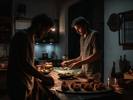 A group of chefs in the kitchen prepare small cakes and arrange them on a tray in a cinematic overhead light. AI generated, AI generative, AI generativ.の素材