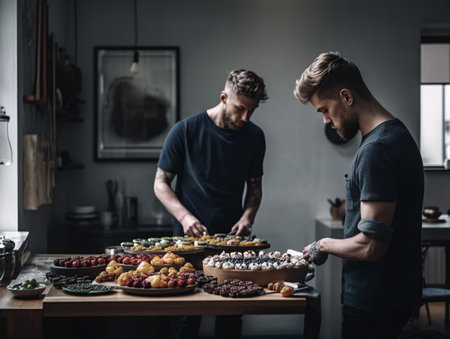 A group of chefs in the kitchen prepare small cakes and arrange them on a tray in a cinematic overhead light. AI generated, AI generative, AI generativ.の素材