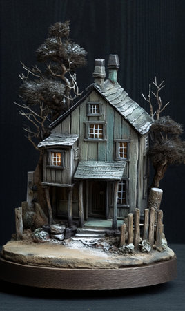 A miniature of an old gray house standing on top of a stand. AI generated, AI generative, AI generativ.の素材