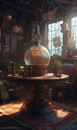 Glass magic vessel standing on a wooden table. AI generated, AI generative, AI generativ.の素材
