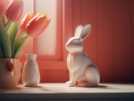 A figurine of a white Christmas rabbit sitting next to a vase of pink tulips. AI generated, AI generative, AI generativ.の素材