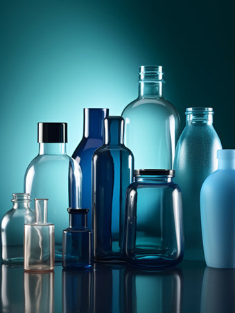 A group of blue empty bottles with caps on a blue background standing on the table. AI generated, AI generative, AI generativ.の素材