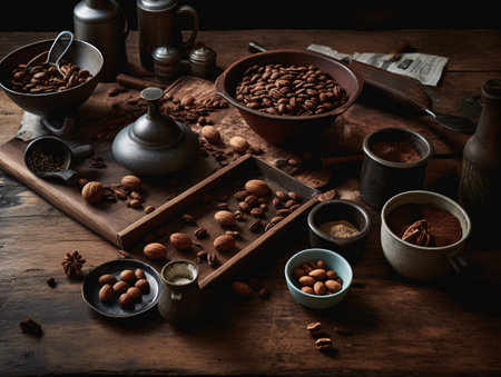 Still life wooden table with coffee beans and nuts and old crockery. AI generated, AI generative, AI generativ.の素材