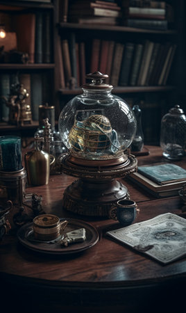 Glass magic vessel standing on a wooden table. AI generated, AI generative, AI generativ.の素材