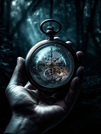 Close-up of a man's hand holding a clock against a dark background and dramatic lighting. AI generated, AI generative, AI generativ.の素材