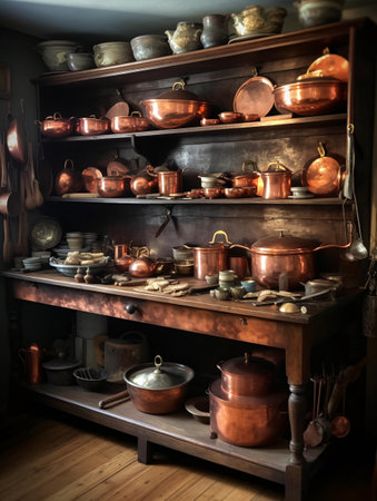 Wooden shelf filled with copper-brass pots and pans still life. AI generated, AI generative, AI generativ.の素材