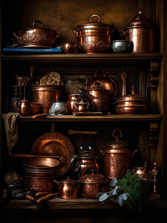 Wooden shelf filled with copper-brass pots and pans still life. AI generated, AI generative, AI generativ.の素材