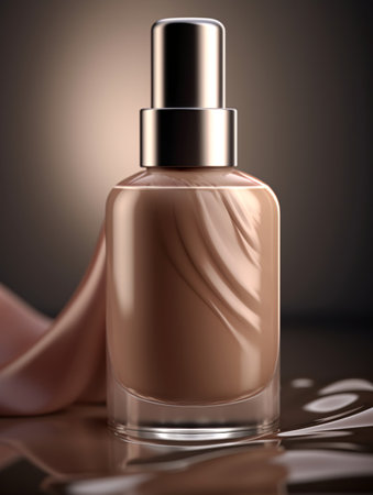 Close-up of a small bottle of cocoa-colored cosmetic polish on a brown background. AI generated, AI generative, AI generativ.の素材