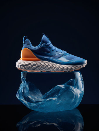 A pair of fashionable sneakers sitting on a blue block of ice in a modern style. AI generated, AI generative, AI generativ.の素材