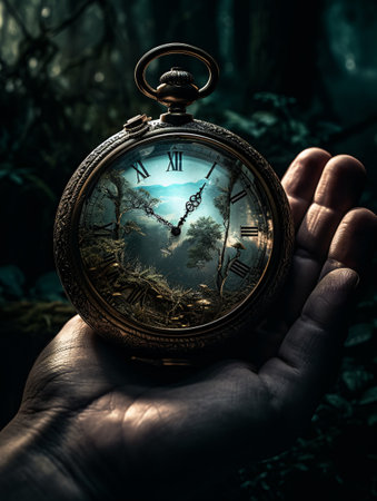 Close-up of a man's hand holding a clock against a dark background and dramatic lighting. AI generated, AI generative, AI generativ.の素材