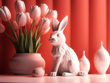 A figurine of a white Christmas rabbit sitting next to a vase of pink tulips. AI generated, AI generative, AI generativ.の素材