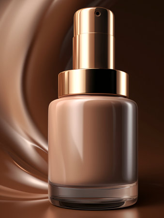 Close-up of a small bottle of cocoa-colored cosmetic polish on a brown background. AI generated, AI generative, AI generativ.の素材
