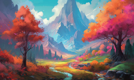 A painting of a landscape with a mountain in the background, autumn trees and a river in between. AI generated, AI generative, AI generativ.の素材