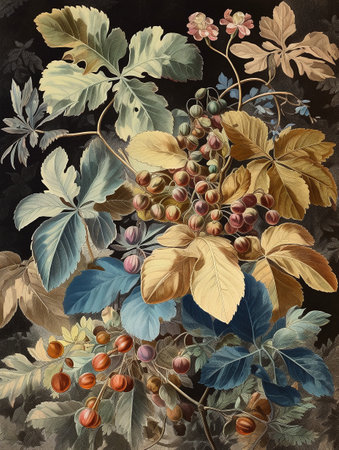 Close-up of a renaissance style drawing of a multi-leaf vine plant. AI generated, AI generative, AI generativ.の素材