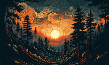Sunset painting in fairy tale dramatic forest in vector art style. AI generated, AI generative, AI generativ.の素材