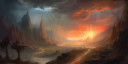Drawing of a sunset over a mountain range in fantasy art style. AI generated, AI generative, AI generativ.の素材