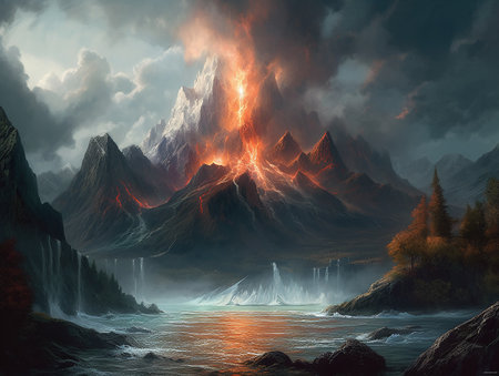 Mountain volcano with lava eruption and lava flows in the evening light and near a body of water. AI generated, AI generative, AI generativ.の素材