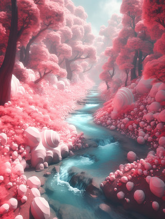 Drawing of a river flowing through a lush pink forest in cartoon style. AI generated, AI generative, AI generativ.の素材