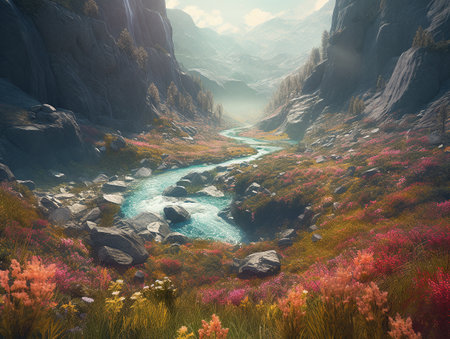 Landscape at the end of the world river waterfalls with mountains and a field of wild flowers. AI generated, AI generative, AI generativ.の素材