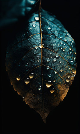 Close-up of a blue and orange leaf with water drops on it. AI generated, AI generative, AI generativ.の素材