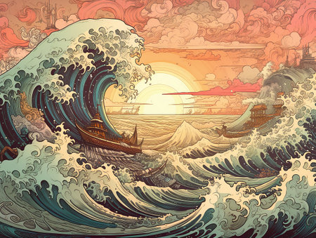 Drawing of a big wave in the ocean against the background of the rising sun. AI generated, AI generative, AI generativ.の素材